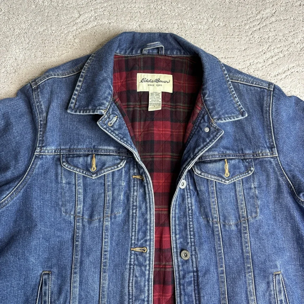 Eddie Bauer Large Flannel Lined Denim‎ Jacket Heavy Shacket Trucker